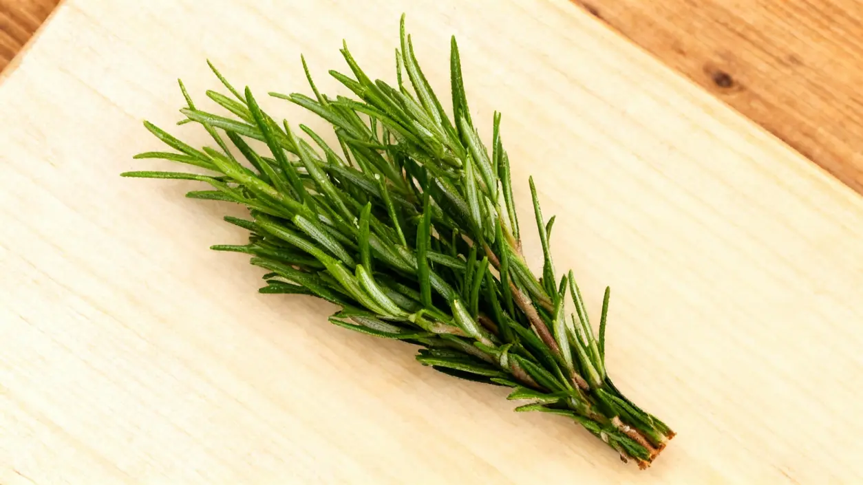 Rametto fresco di rosmarino su un tagliere di legno chiaro