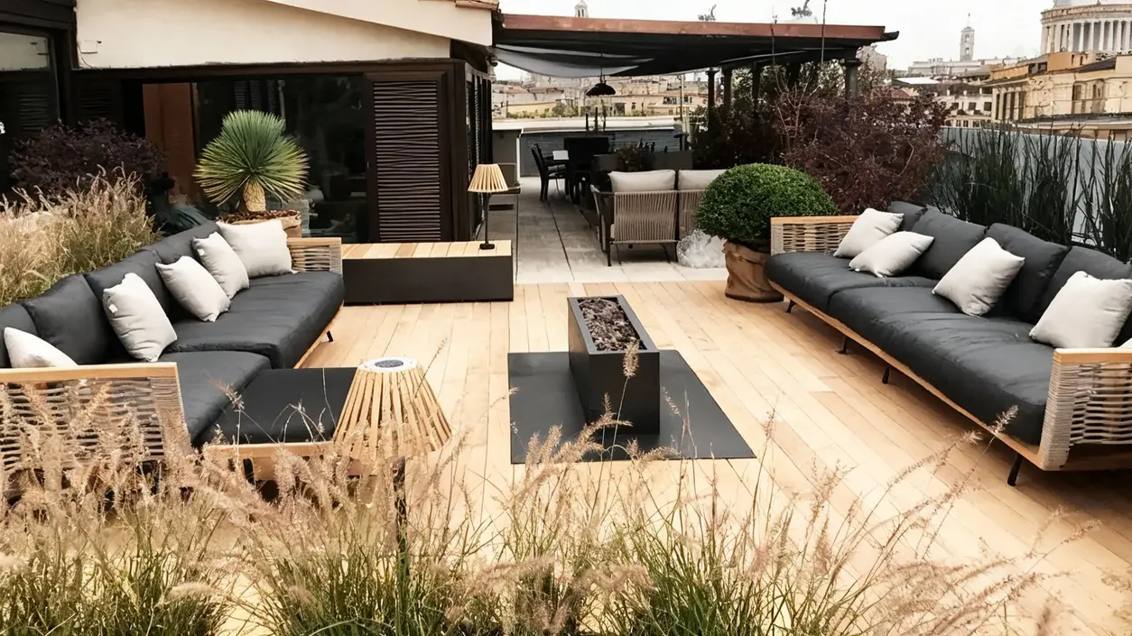 Terrazzo arredato con divani, piante e copertura contro sole e pioggia